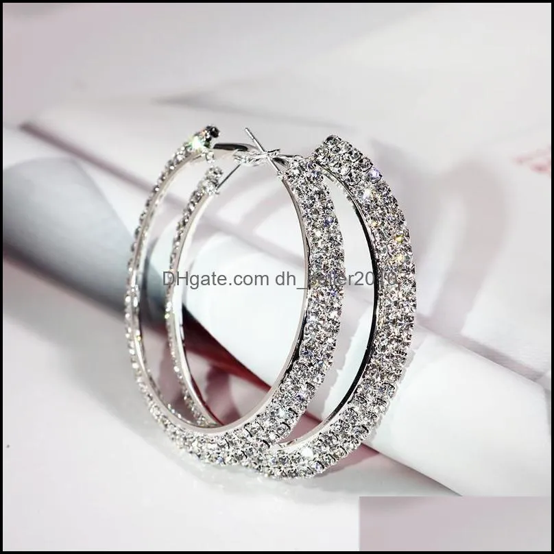 womens large big dangle earrings shiny double row diamonds silver color circle hoop earrings bridal jewellery