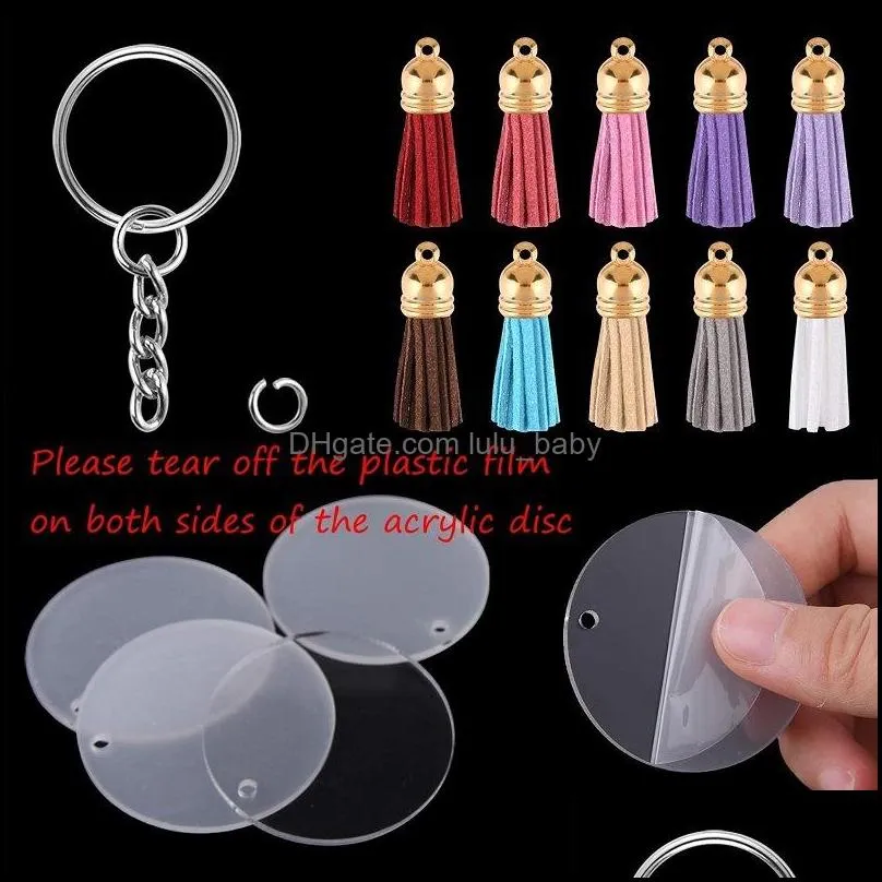 120pcs acrylic transparent circle discs keychain blank colorful tassel keyrings for diy projects craft gift dhs