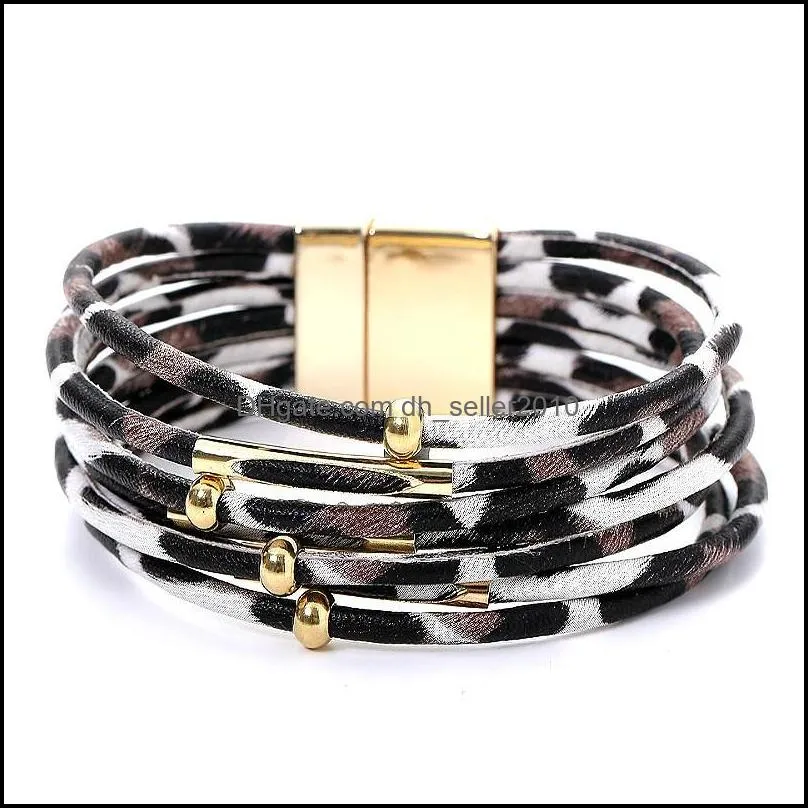 2020 leopard leather bracelets for women multilayer pu leather wide wrap bracelet wristband cuff bangle with magnetic buckle jewelry