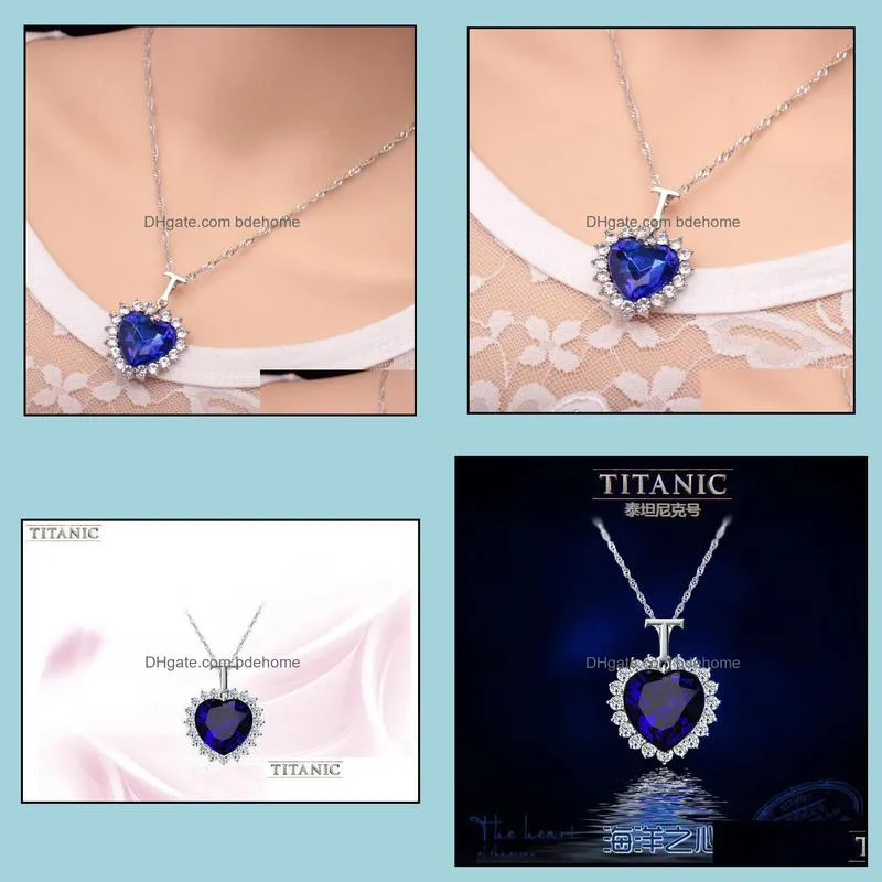 ocean heart pendant necklace silver plated chain choker necklaces blue crystal rhinestone imitation crystal necklace bdehome