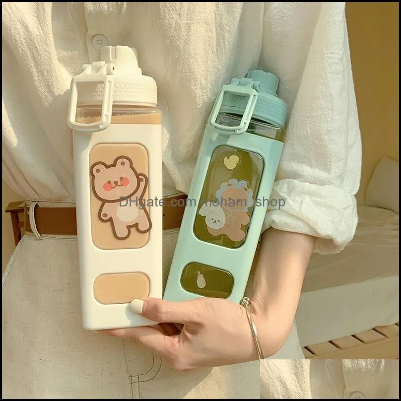 water bottles kawaii bear bottle for girls cute plastic school gym drinking with straw juice bubble tea cups bpa 700/900ml