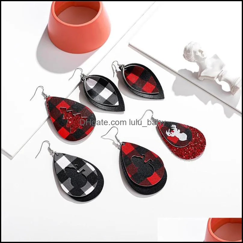 christmas tree pu leather earring red plaid sequin lattice water drop earring christmas deer head ear jewelry for women