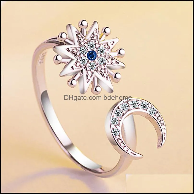 fashion hand white gold color star moon ring suitable for wedding party women jewelry micro set star moon open ring bdehome