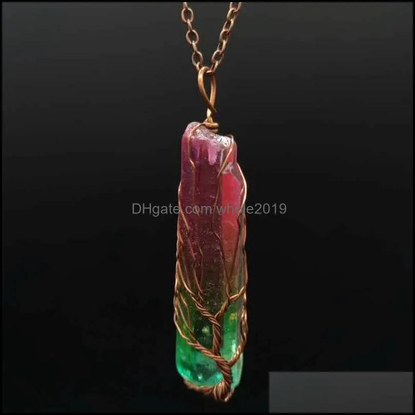 handwound colorful crystal stone necklace crystal column tree of life necklace