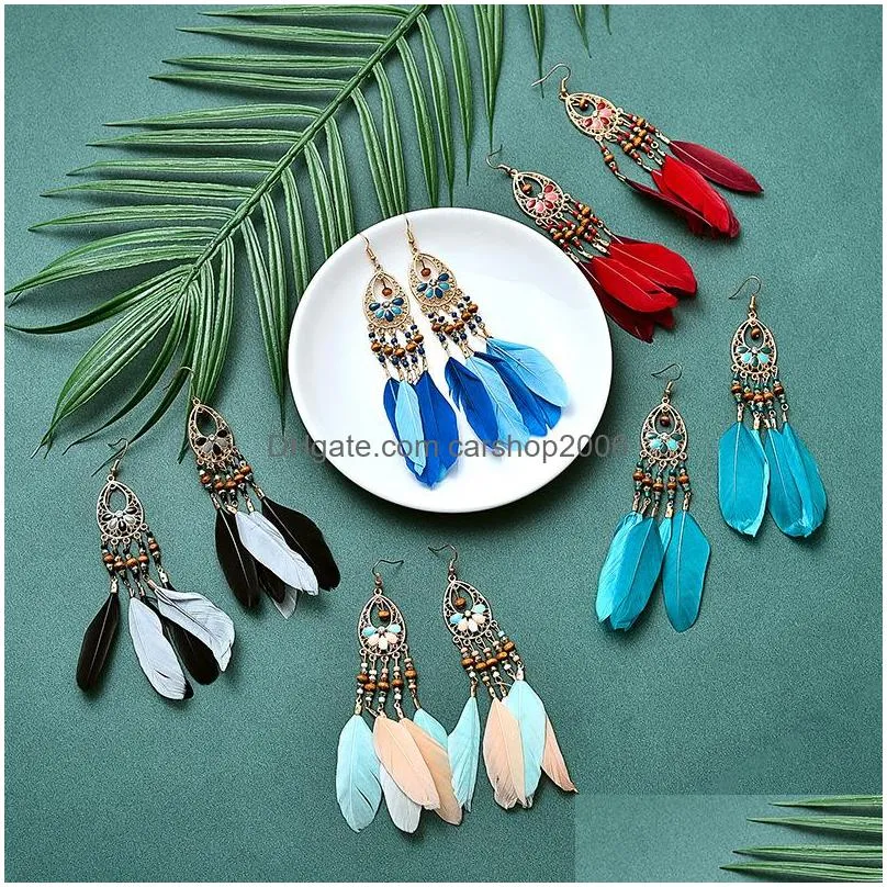 bohemian fashion jewelry vintage feather earrings handmade beads dangle feather tassel earrings