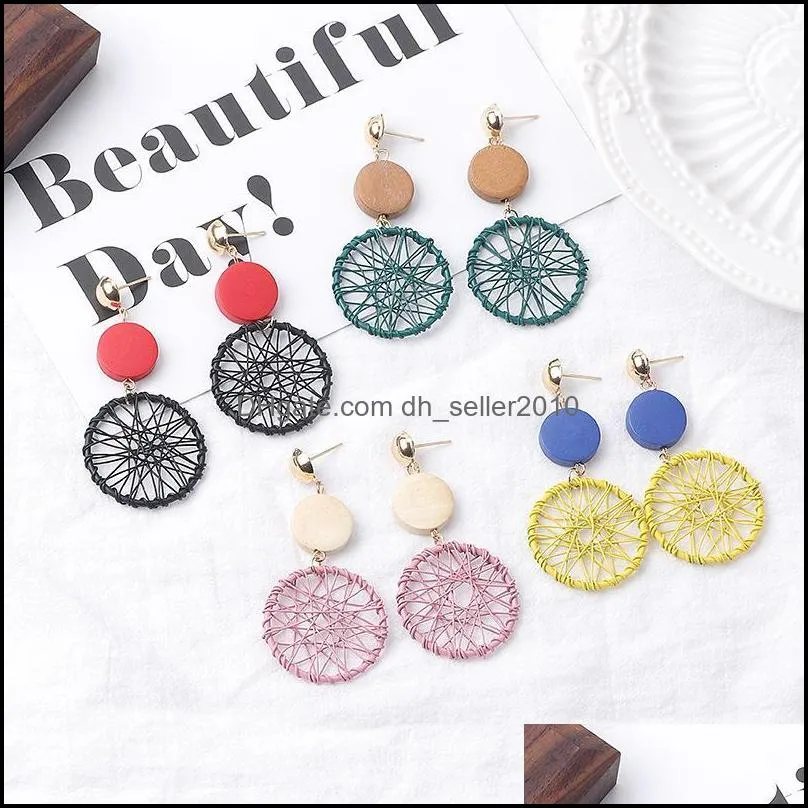 japanese and korean temperament dangle earring long wooden tassel creative hollow geometric winding dream catcher earrings