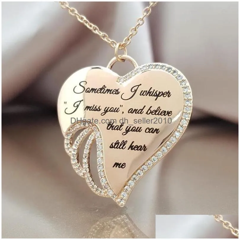 fashion jewelry letters heart necklace hollow out rhinstone angle wing heart pendant necklace