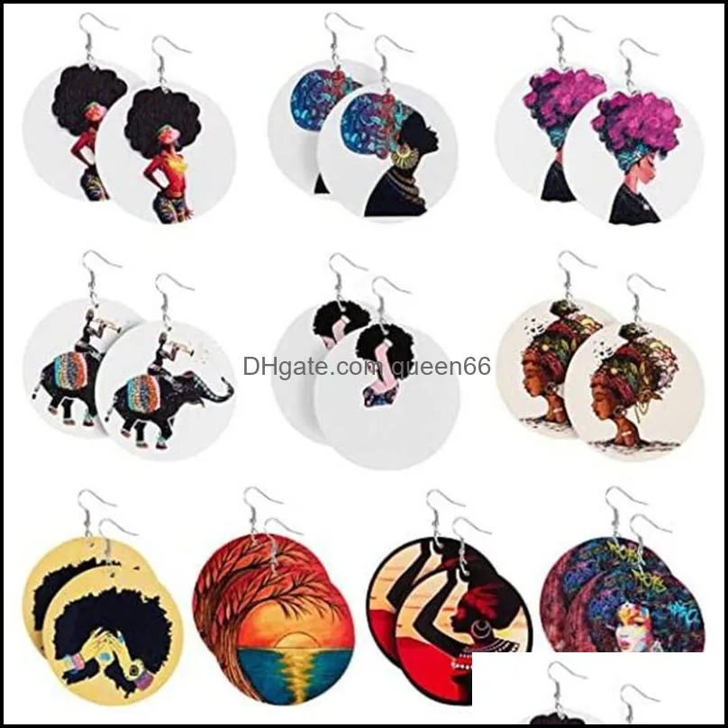 african wooden earrings ins handmade ethnic africa pattern print wood drop earrings queen girls jewelry hoop earrings