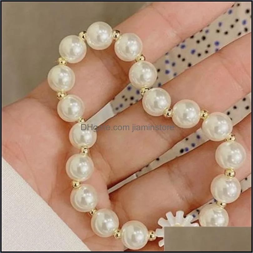 charm bracelets aomu korean retro imitated pearl round beaded daisy bracelet irregular geometric flower for women party accessories 3678