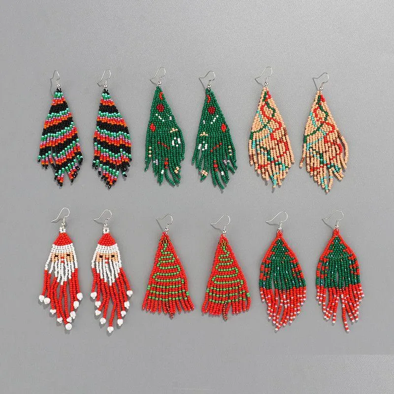 christmas fashion jewelry beaded tassels dangle earrings handwoven xmas tree santa claus colorful rice beads earrings