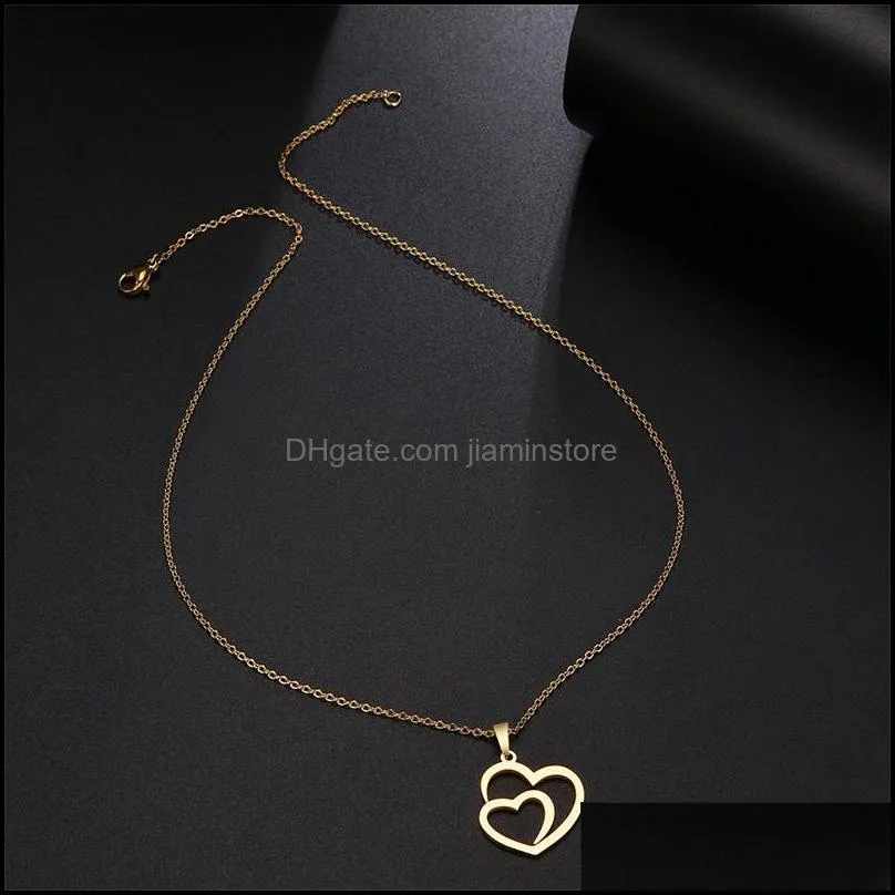 creative stainless steel necklace for women man hollow double heart rose gold choker pendant necklace engagement jewelry 1947 t2