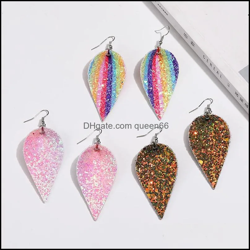 unique design christmas pu leather leaf oval earrings fashion sequin glitter colorful double side dangle earring jewelry gifts for