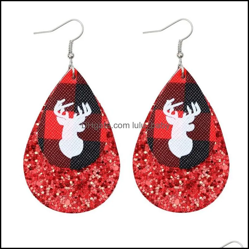 christmas tree pu leather earring red plaid sequin lattice water drop earring christmas deer head ear jewelry for women