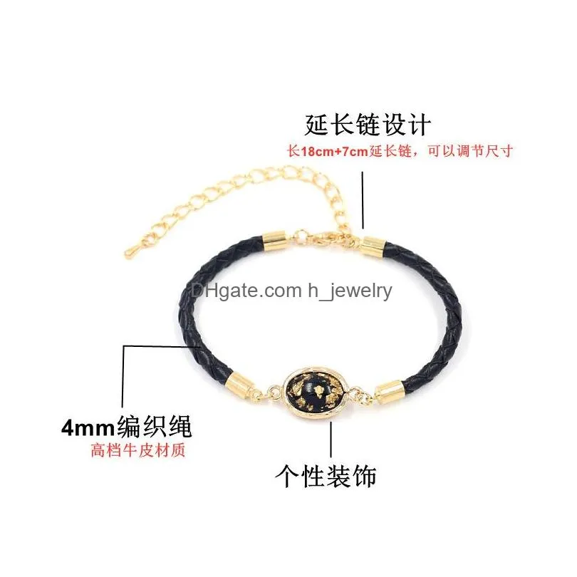 fashion jewelry gold foil oval pendant braided leather rope bracelet