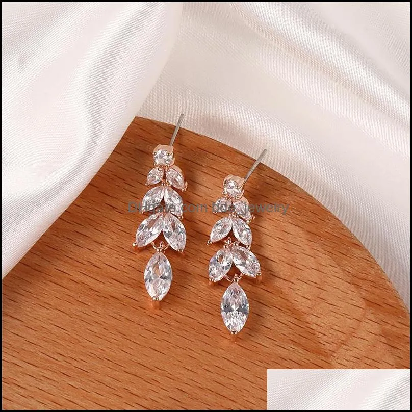 2020 fashion female white crystal zircon leaf earrings white zircon earrings wedding long dangle jewelryz