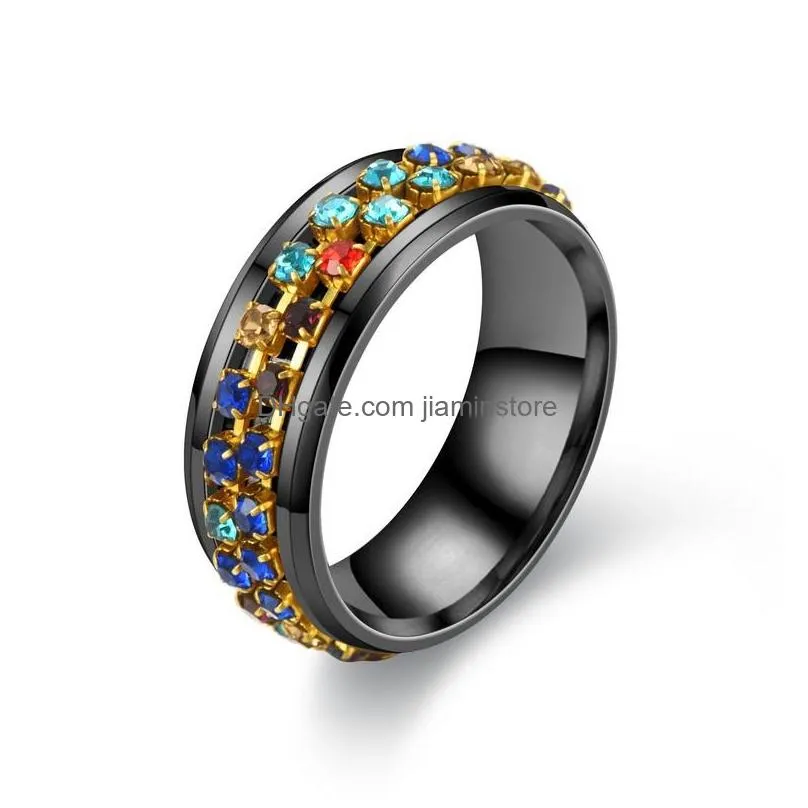 fashion jewelry stainless steel ring colorful rhinstone chain rotatable rings