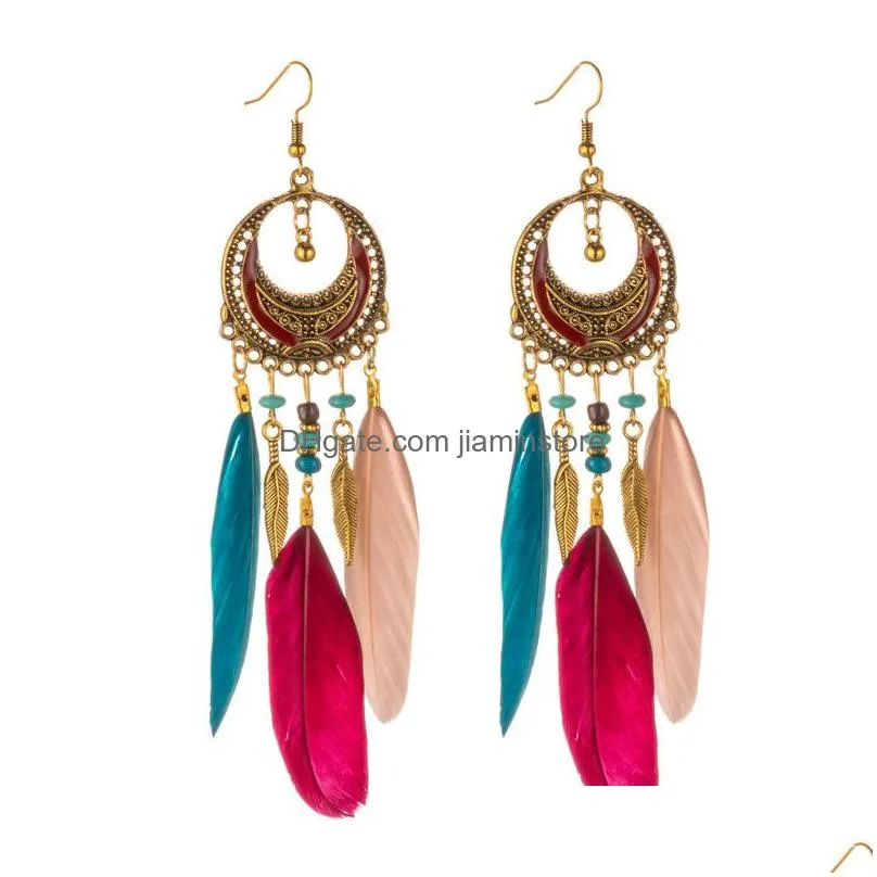 bohemian fashion jewelry feather tassel earrings beads dangle earrings
