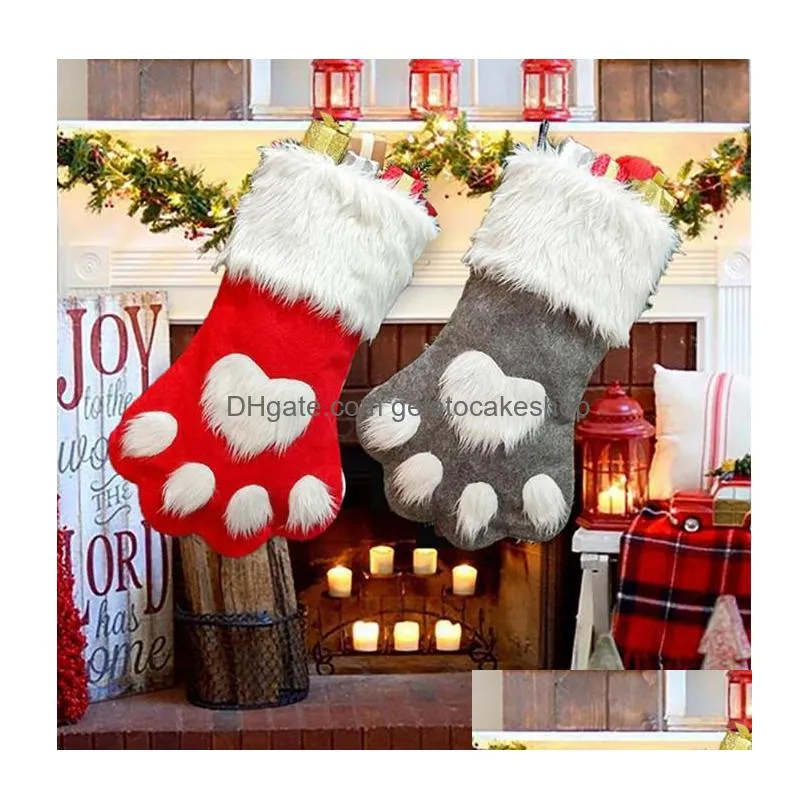 christmas party dog cat paw stocking hanging tree ornament decor hosiery plush xmas socks kdis gift candy bag