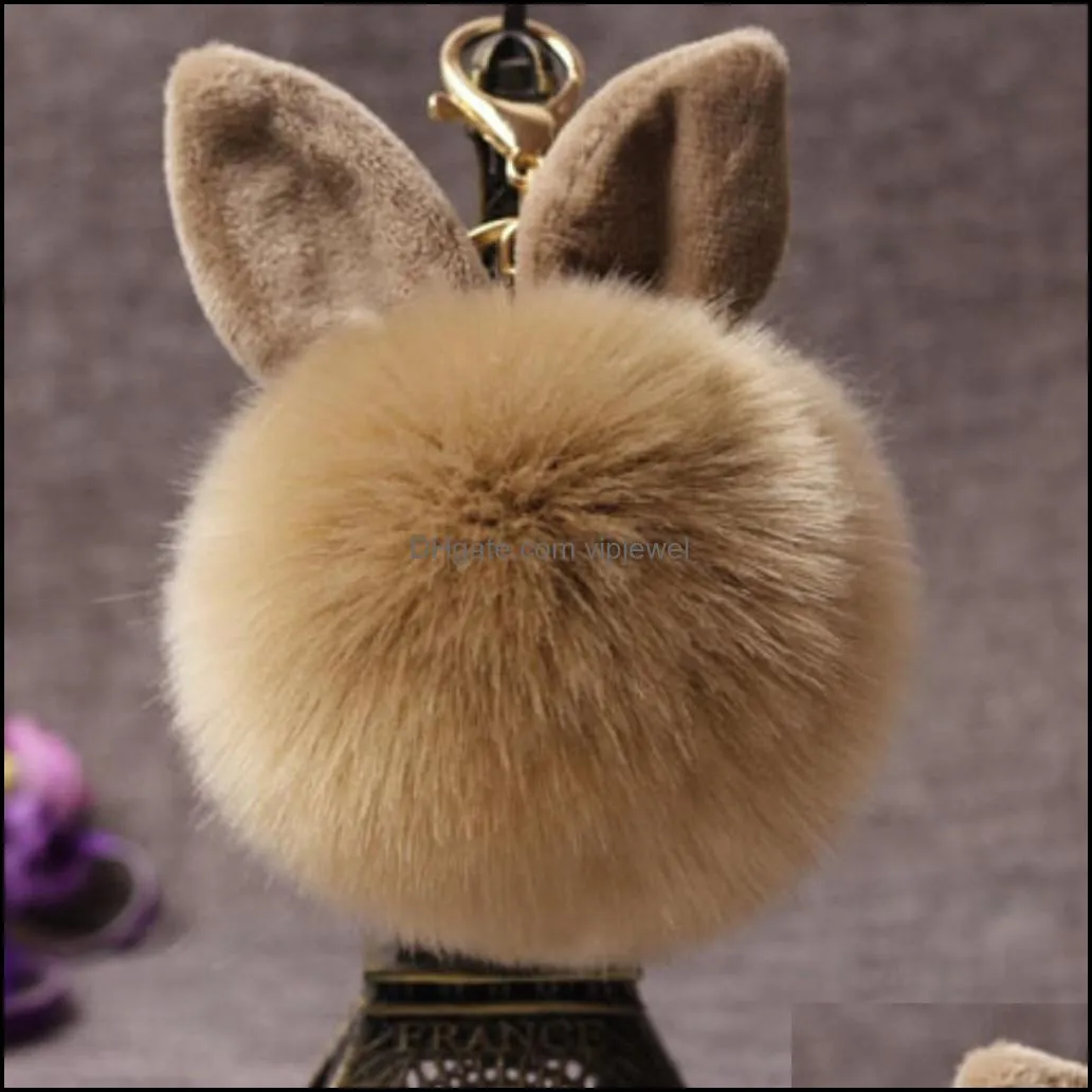 women fuzzy bunny ear keychain fashion faux rabbit fur keyfobs hoder charms bag keyring fluffy pompom key rings car pendant d316q