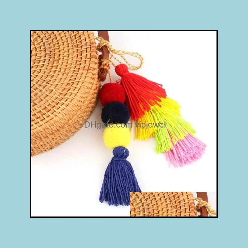 cute pompom tassel keyring boho bag charm pendant keychain for women purse handbag decor jewelry y423z