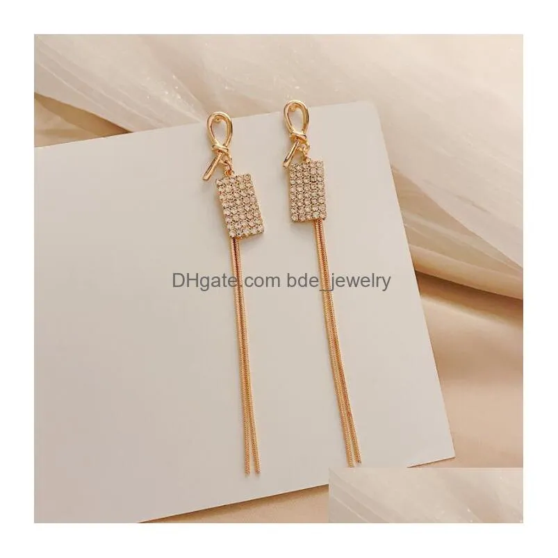 fashion jewelry s925 silver post squre rhinstone eardrop earrings long tassels dangle stud earrings