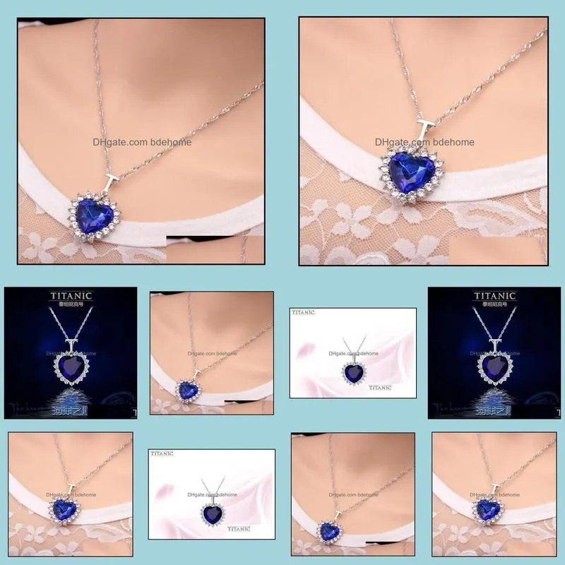 ocean heart pendant necklace silver plated chain choker necklaces blue crystal rhinestone imitation crystal necklace bdehome