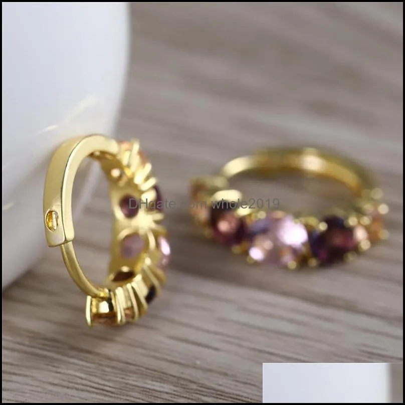 high quality colorful zircon hoop earrings gold plated copper metal round circle shining rhinestone earring for elegant lady women