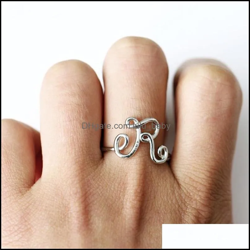 wholesale 26 english letter initial rings rose gold design open ring adjustable statement party charm jewelry gift for women girlsy