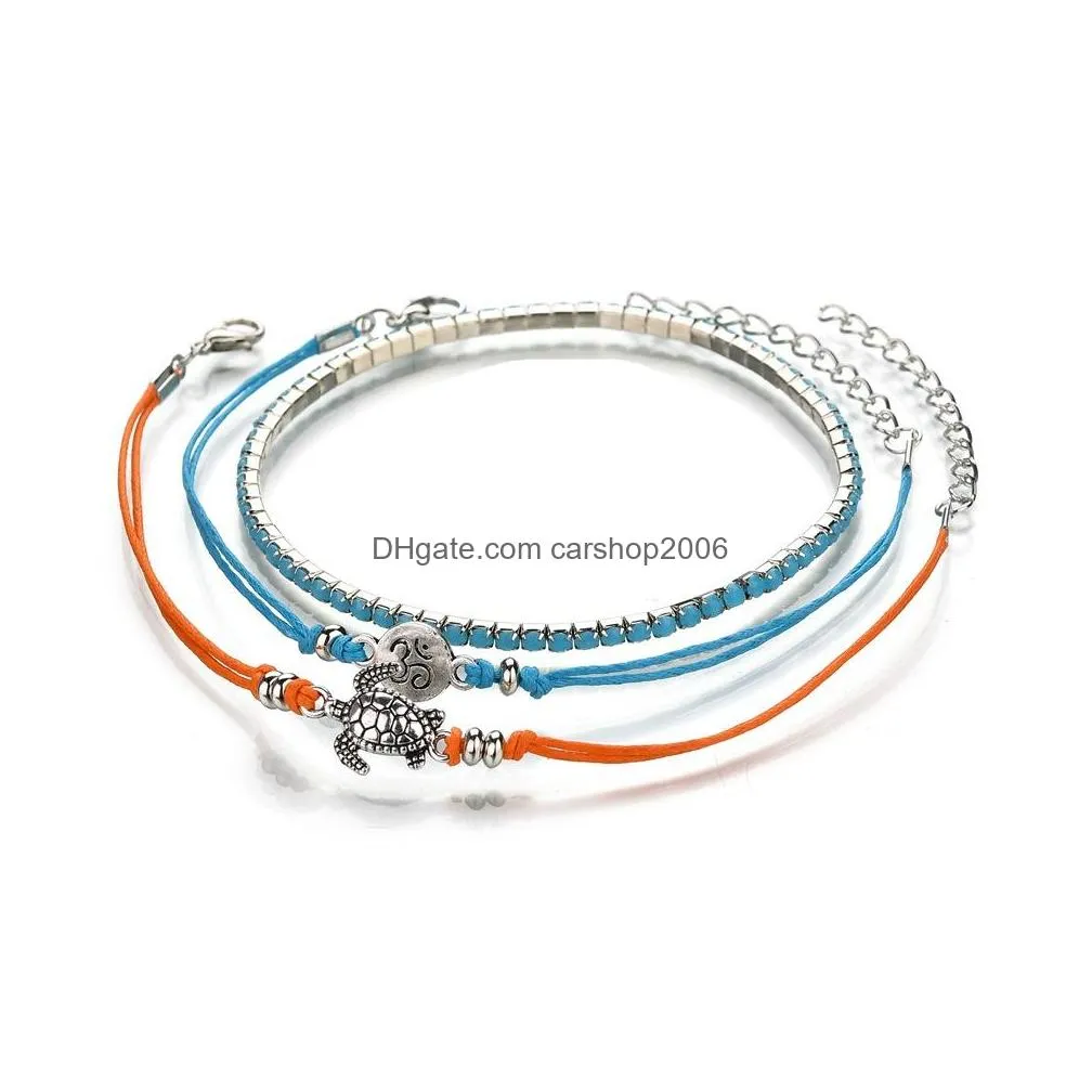 fashion jewelry 3d flower anklets set wax wire handmade woven turtle chain anklet foot ornament 3pcs/set