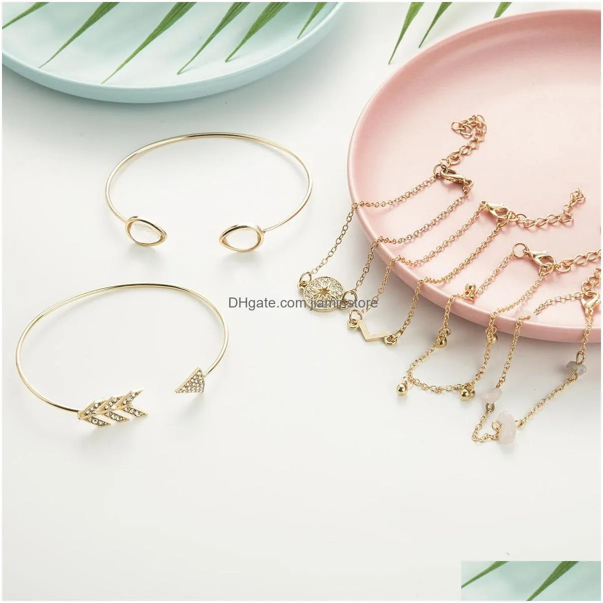 fashion jewelry 6pcs bracelet set arrow diamond water drop compass broken pine stone v bangle chain bracelet