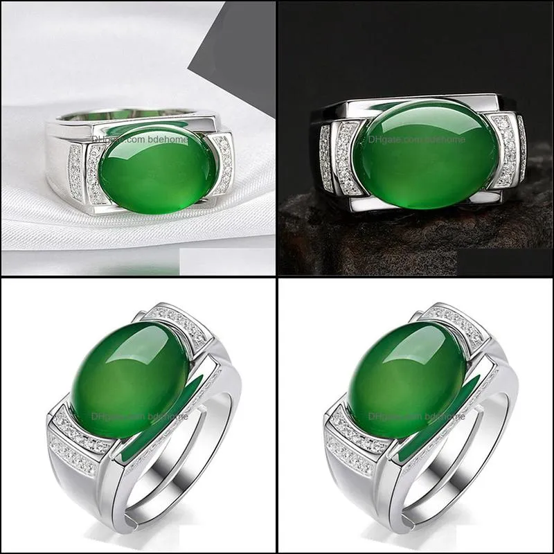 luxury ethnic style domineering mens green agate ring retro green chalcedony open ring simple fashion jewelry trend adjustable size bdehome