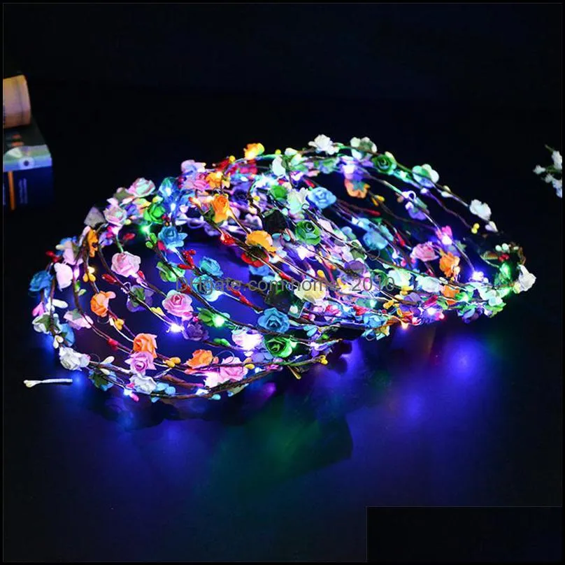 flashing led strings glow flower crown headbands light party rave floral hair garland luminous wreath wedding flower gifts wq479