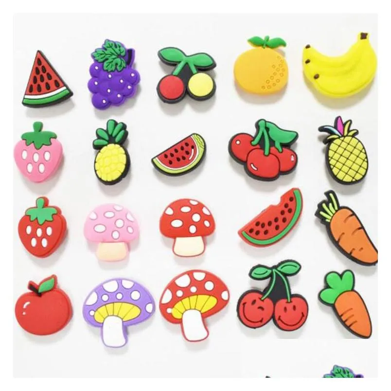 pvc fruit croc charms colorfuls cartoon soft rubber banana oranges and strawberry shoe accessories clog decoration buckle gift