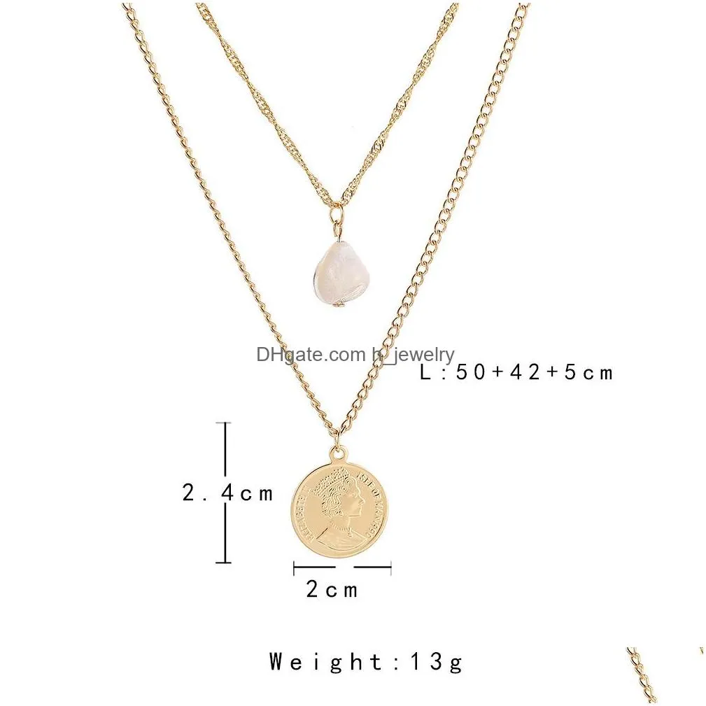 fashion jewelry double layer shell bead retro metal coin pendant necklace