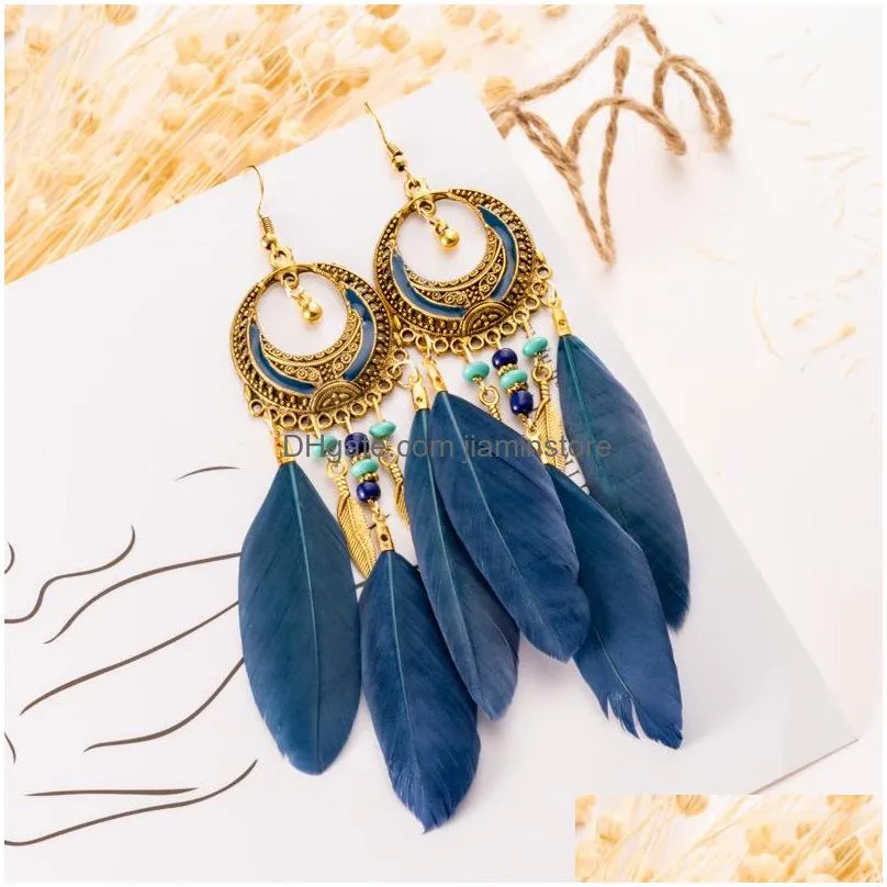 bohemian fashion jewelry feather tassel earrings beads dangle earrings