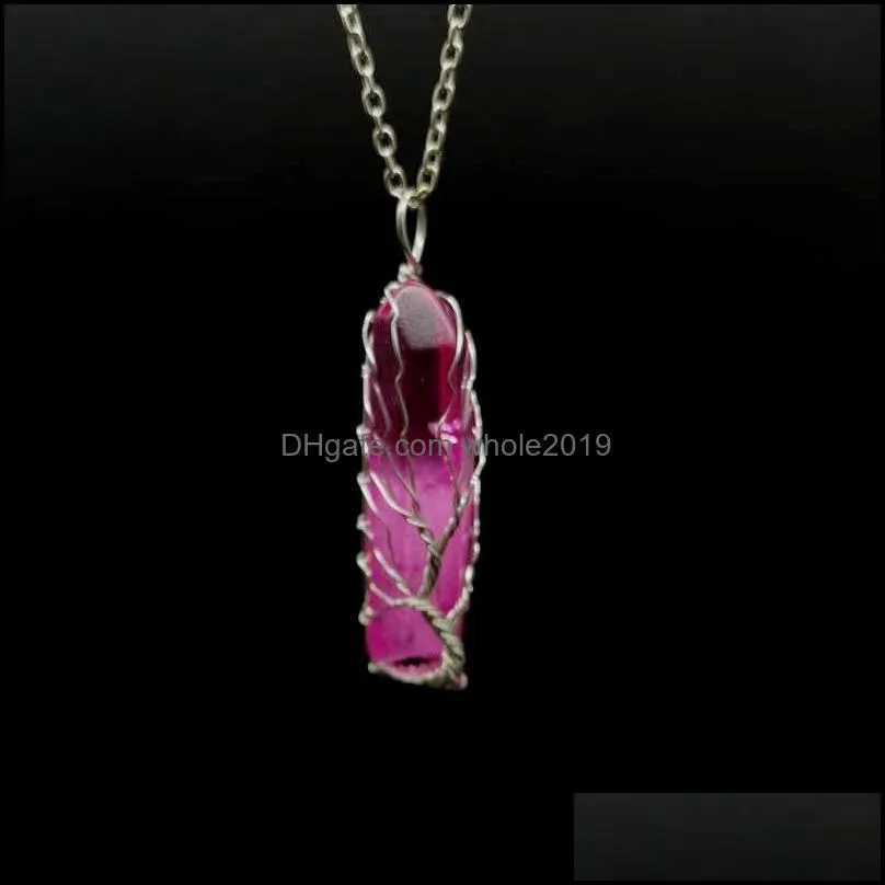 handwound colorful crystal stone necklace crystal column tree of life necklace