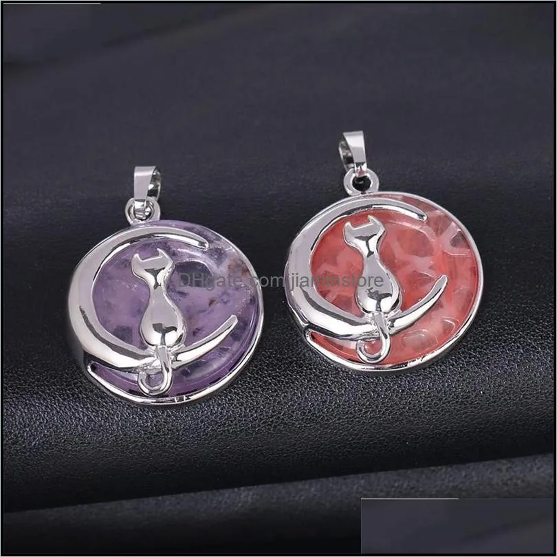 cat and moon natural stone charm hollow alloy back crystal necklace pendant removable cute jewelry accessories c3