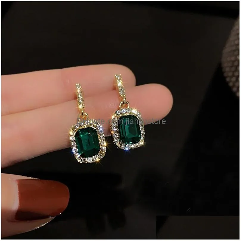 fashion jewelry s925 silver post earrings for women retro design geometric emerald square diamond rhinestone dangle stud