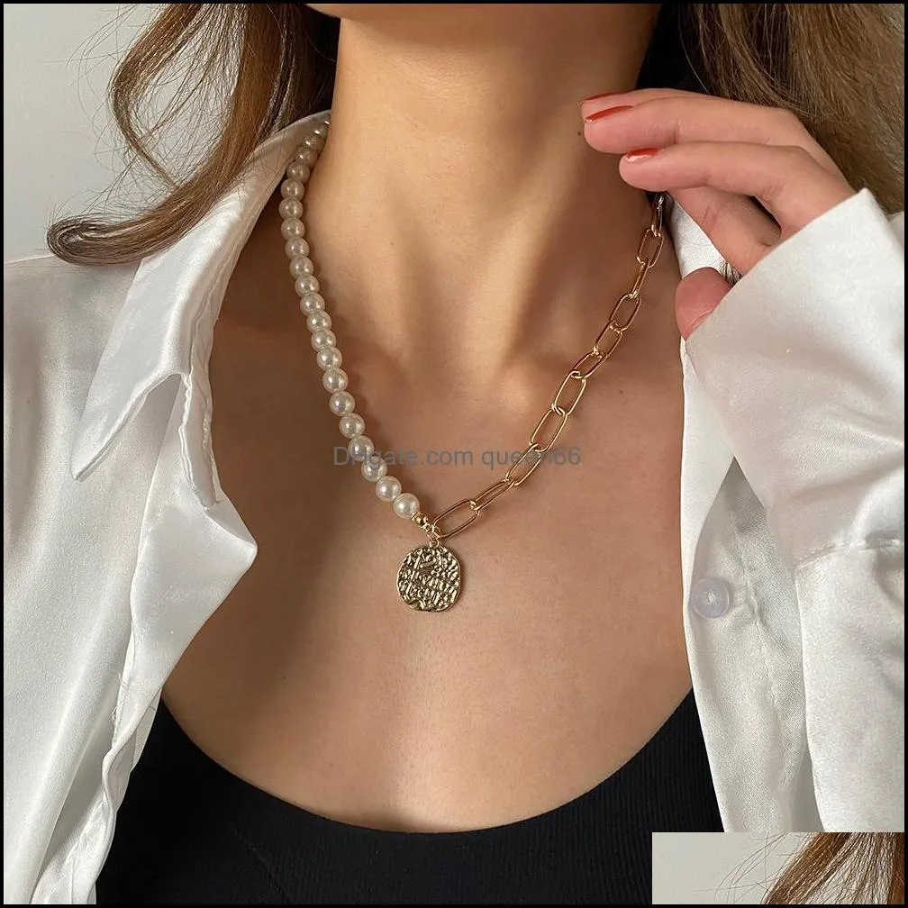 punk link chain necklace for women half pearl half metal chain with coin pendant necklace for women