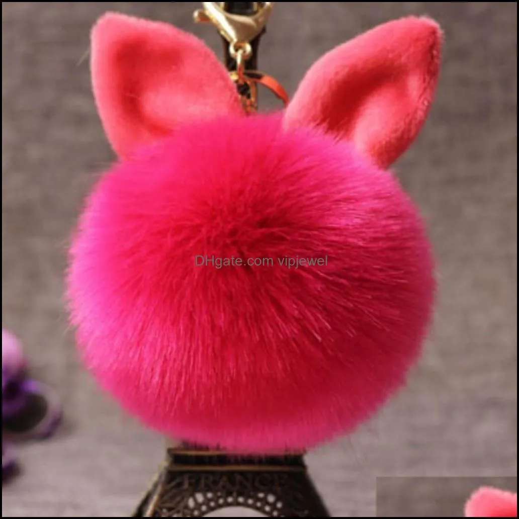 women fuzzy bunny ear keychain fashion faux rabbit fur keyfobs hoder charms bag keyring fluffy pompom key rings car pendant d316q