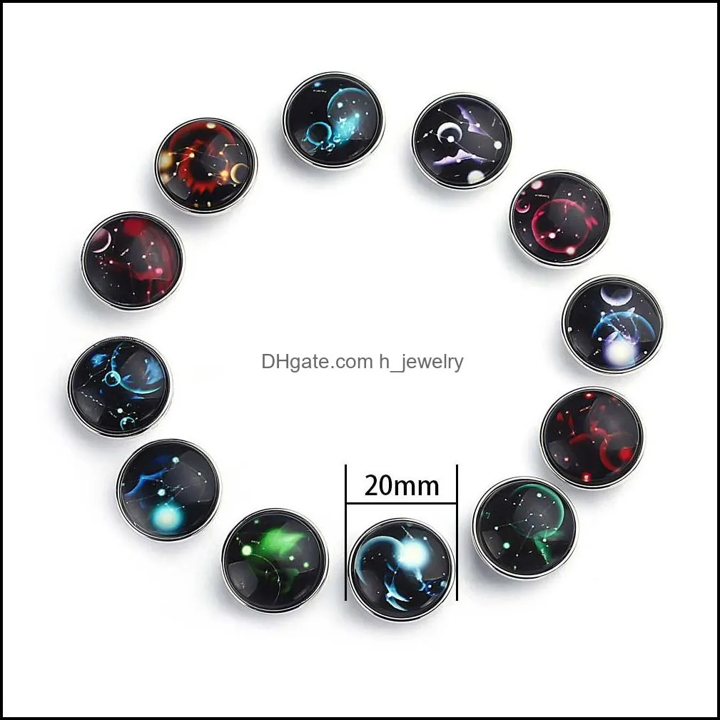 20 mm size 10 pcs/ lot snap jewelry luminous 12 constellations zodiac print glass snap buttons for bracelet bangle necklace diy