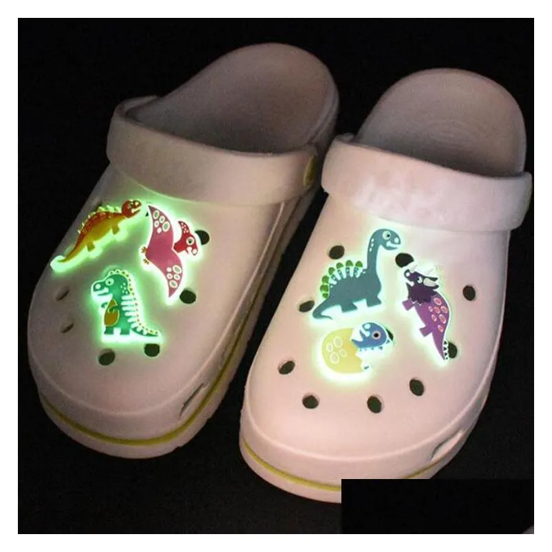 glow in the dark croc charms pvc luminous dinosaur garden shoe flower soft rubber shoecharms buckle accessories gift