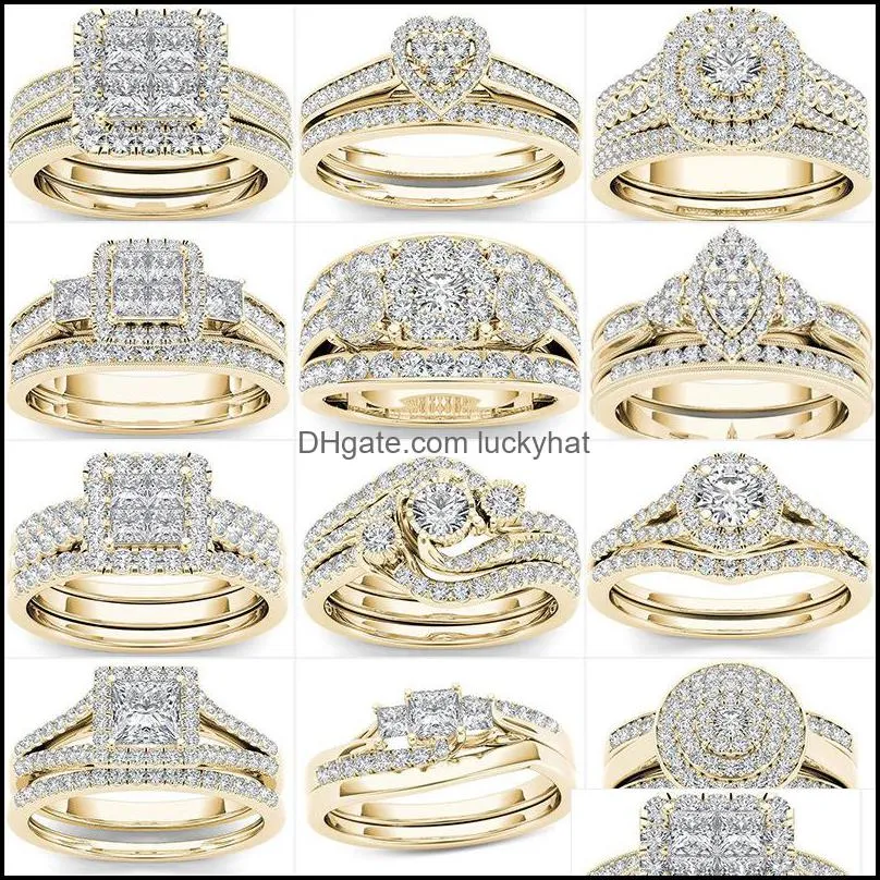 wedding rings 2pcs bridal set elegant crystal engagement ring luxury gold color round heart zircon for women boho jewelry 1892 t2