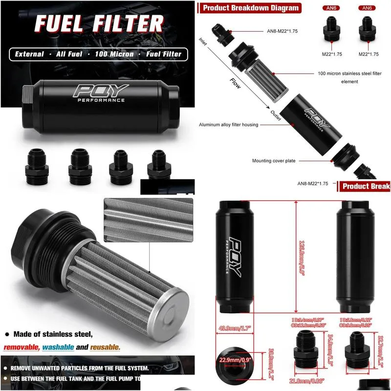 idis44mm fuel filter with 2pcs an6 and 2pcs an8 adaptor fittings with 100micron steel element 5565