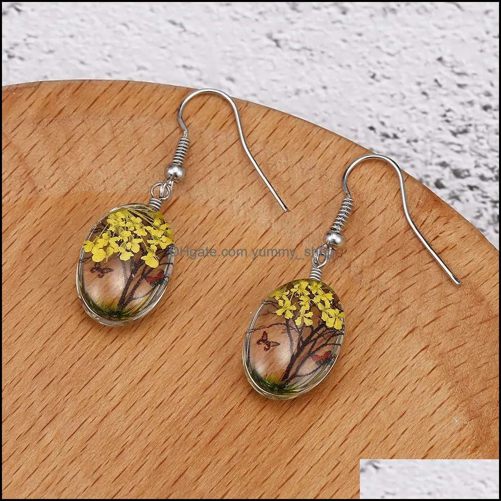 multicolored natural dried flowers earrings glass oval ball tree of life drop earing creative pendent jewelry gift for women