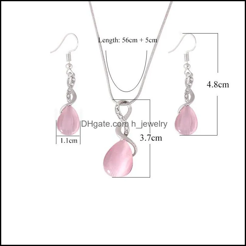 design pink opal necklace earrings and ring jewelry set natural gem stone water drop necklace earring set jewelry for women