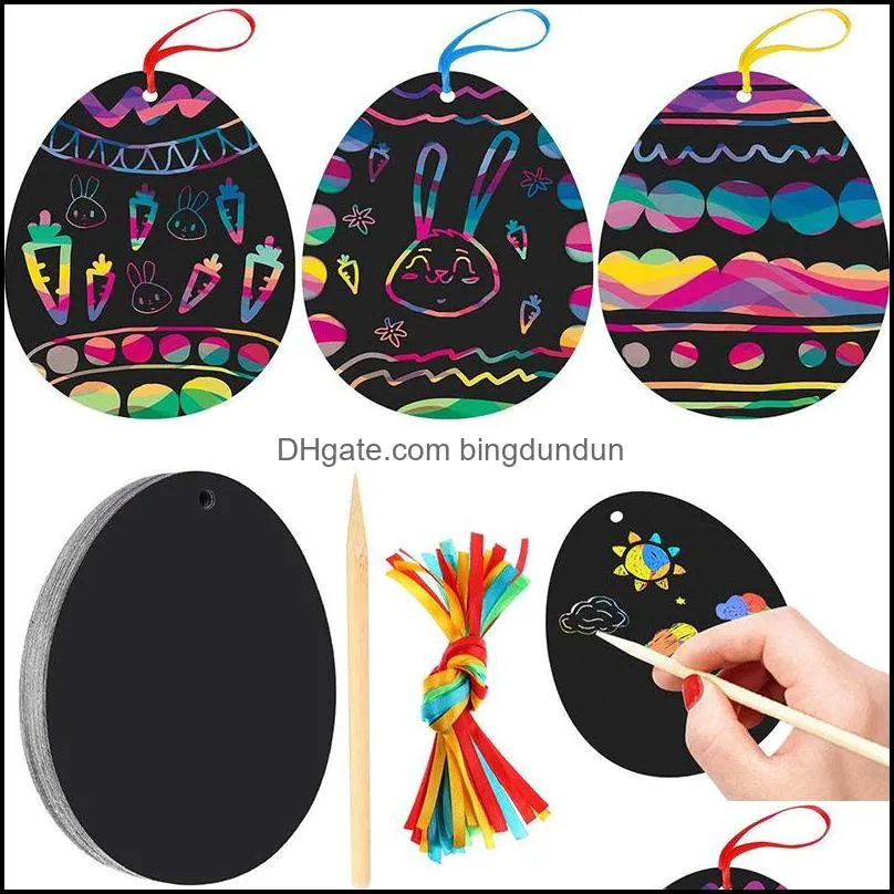 colorful scratch paper creative diy children easter scratch paper with bamboo pen and hanging rope easter party favor pab12021