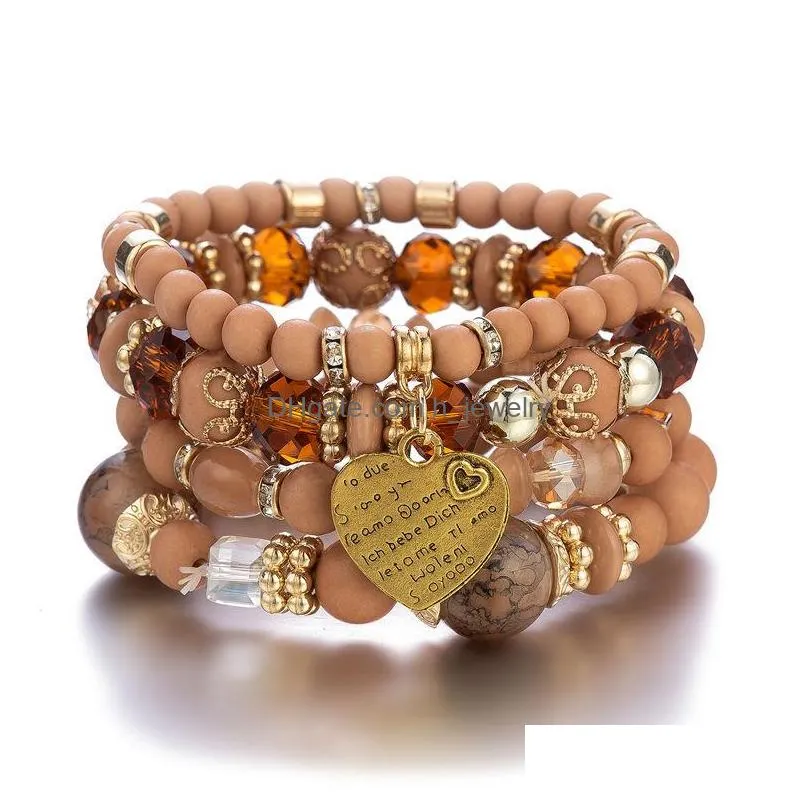bohemian fashion jewelry heart beads bracelet multi layer crystal colorful beaded charms bracelets