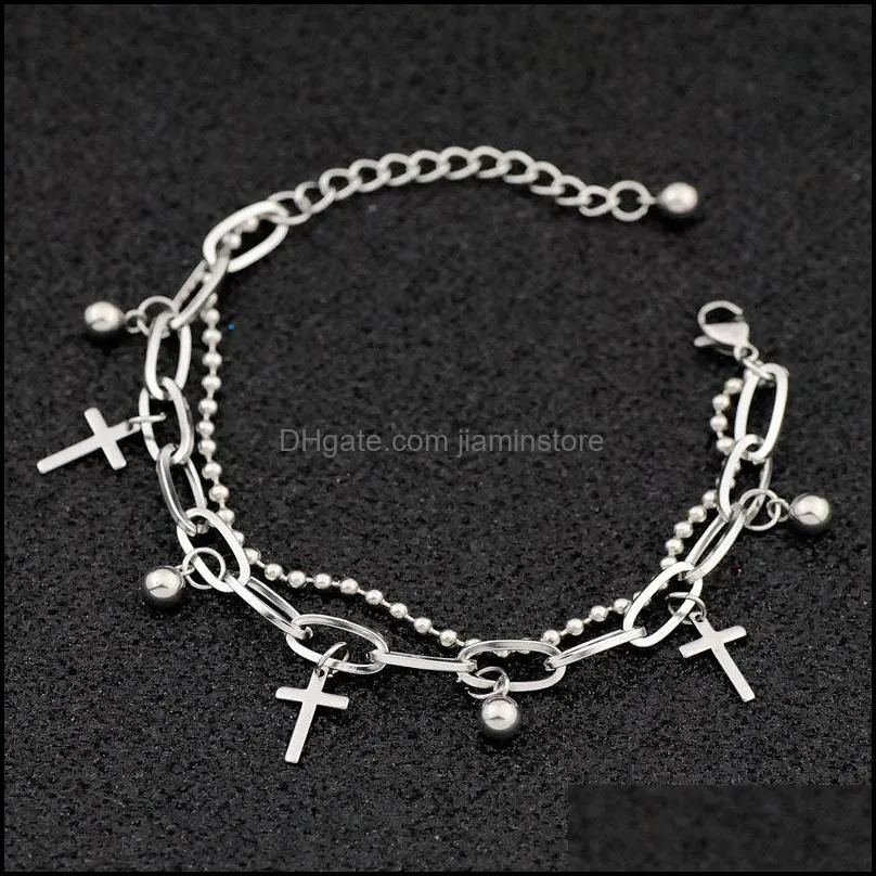 gothic hip hop metal cross pendant charm stainless steel bracelet for women beads 2 layering linked chain bracelets cool jewelry gift