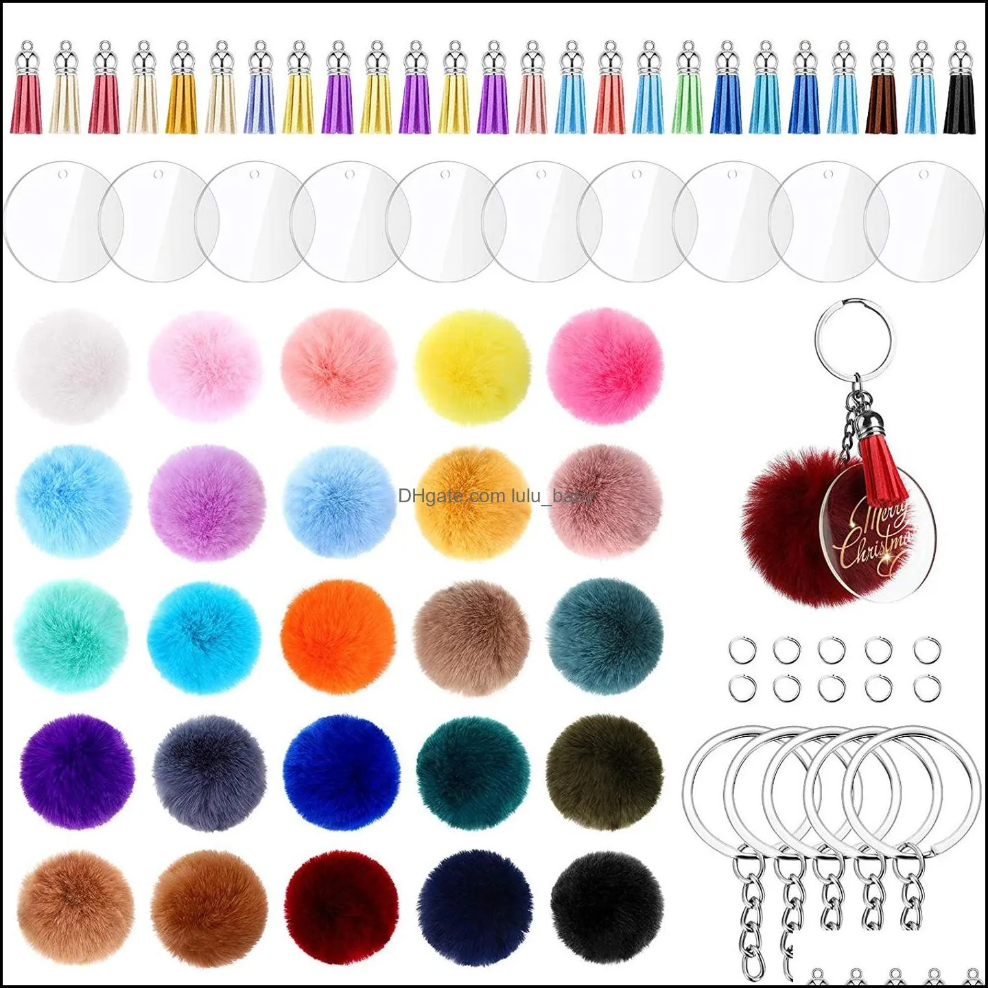 195pcs pompom ball keychain with tassel pendant round acrylic circle disc key ring blank for diy jewelry accessories dhs
